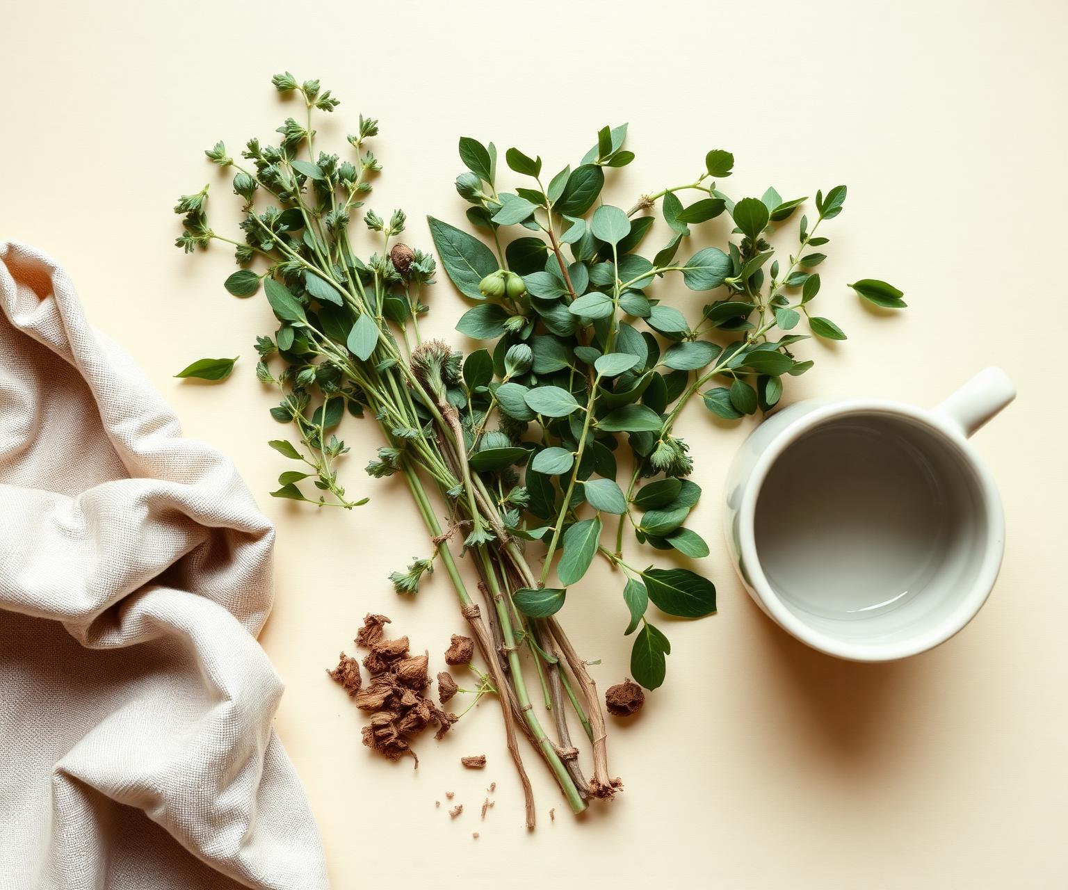Fresh herbs, eucalyptus and a ceramic mug on a soft cream linen
